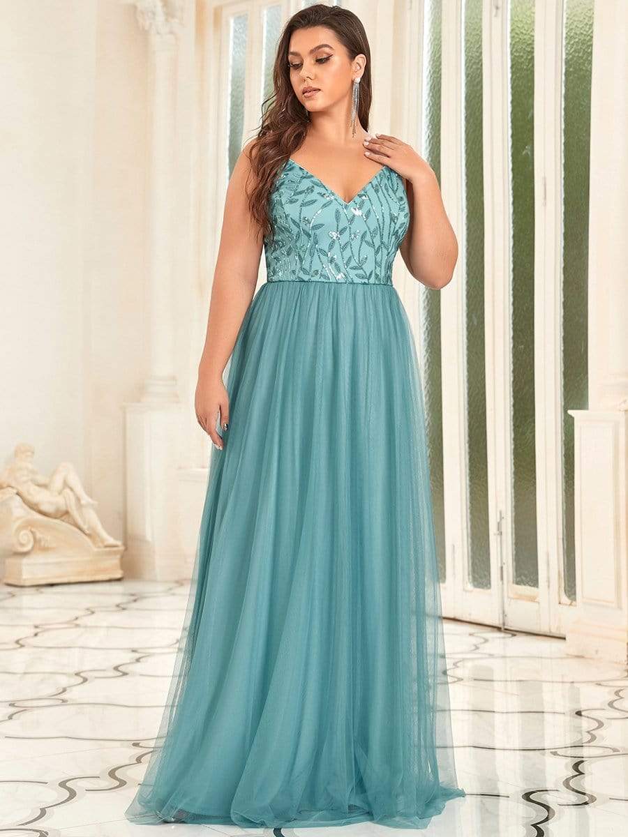 Plus Size Soft Spaghetti Straps V-Neck Embroidery Evening Dress