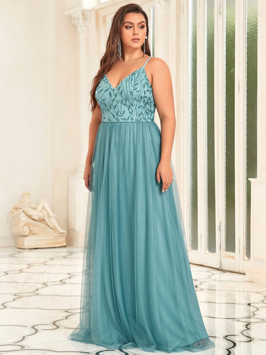 Custom Size Soft Spaghetti Straps V-Neck Embroidery Evening Dress