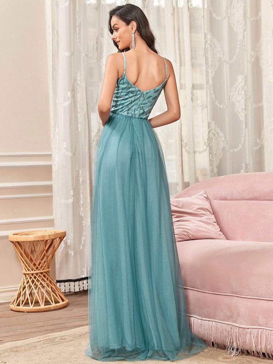 Soft Spaghetti Straps V-Neck Embroidery Evening Dress