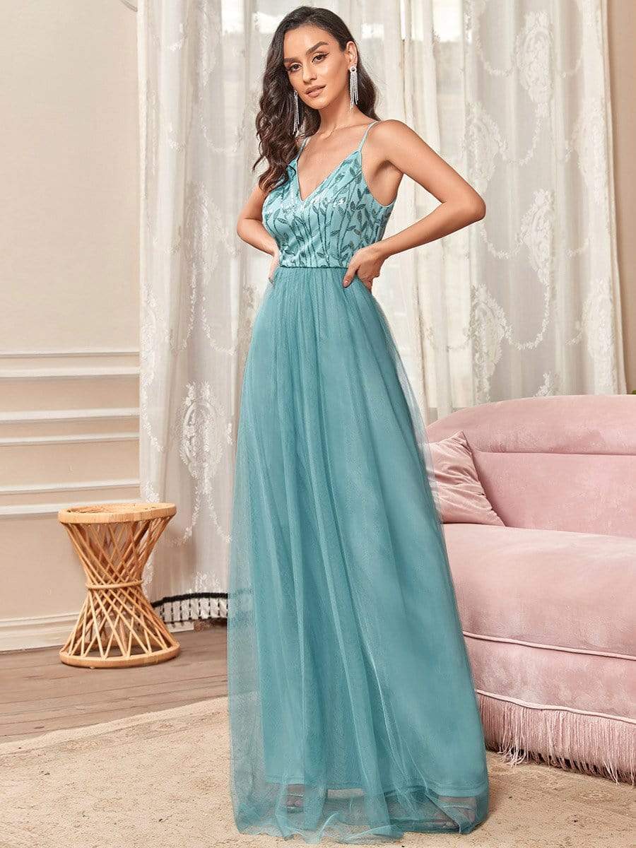 Soft Spaghetti Straps V-Neck Embroidery Evening Dress