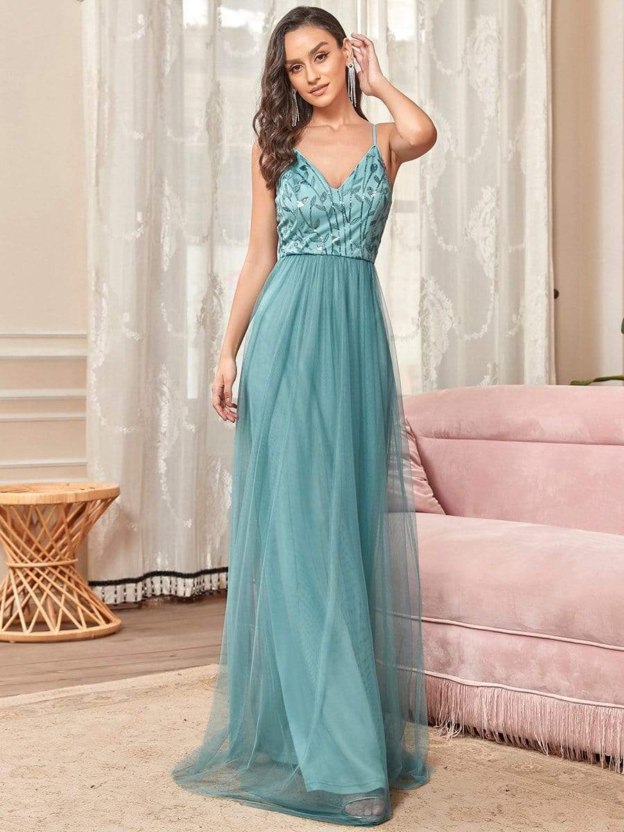 Soft Spaghetti Straps V-Neck Embroidery Evening Dress