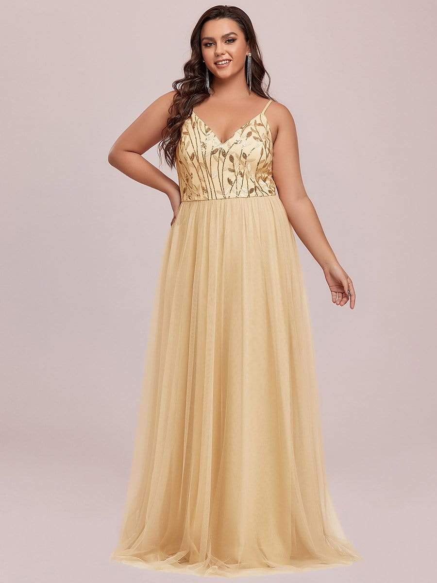 Plus Size Soft Spaghetti Straps V-Neck Embroidery Evening Dress