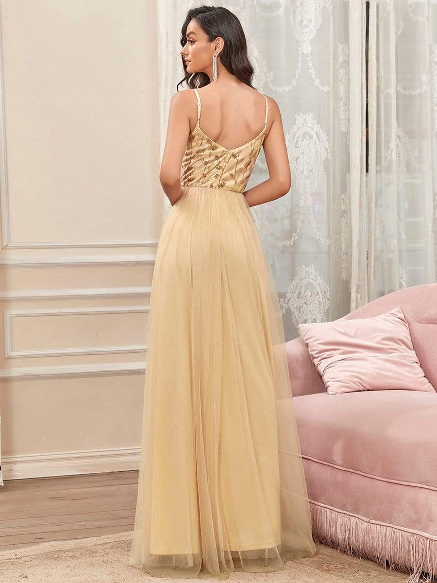 Soft Spaghetti Straps V-Neck Embroidery Evening Dress