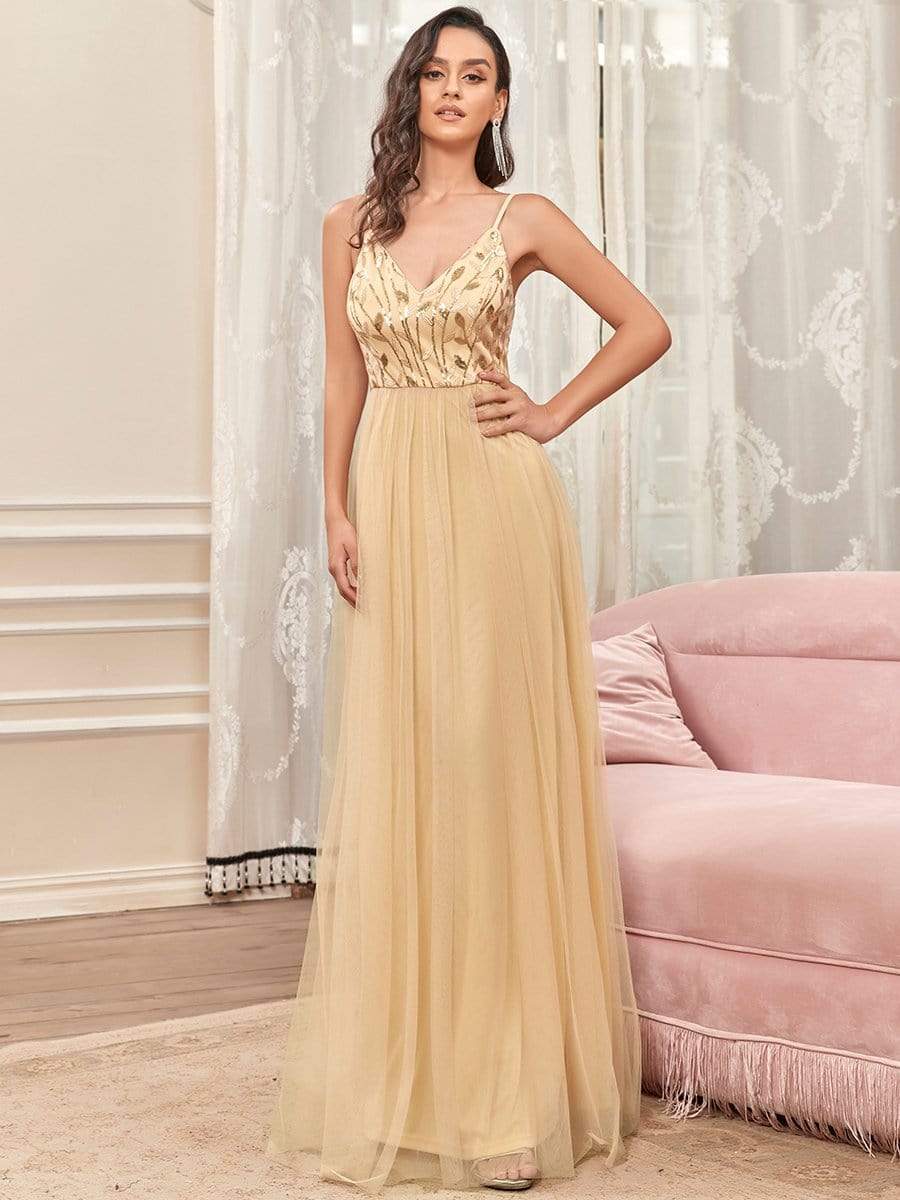 Soft Spaghetti Straps V-Neck Embroidery Evening Dress