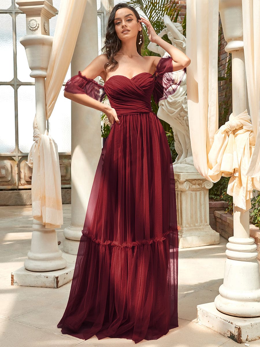 Off-Shoulder Sweetheart Double Layer Pleated Evening Dress