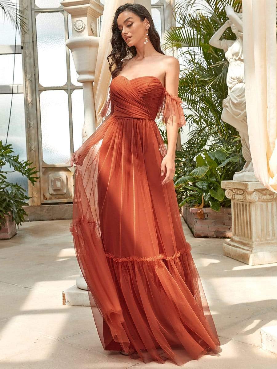 Off-Shoulder Sweetheart Double Layer Pleated Evening Dress