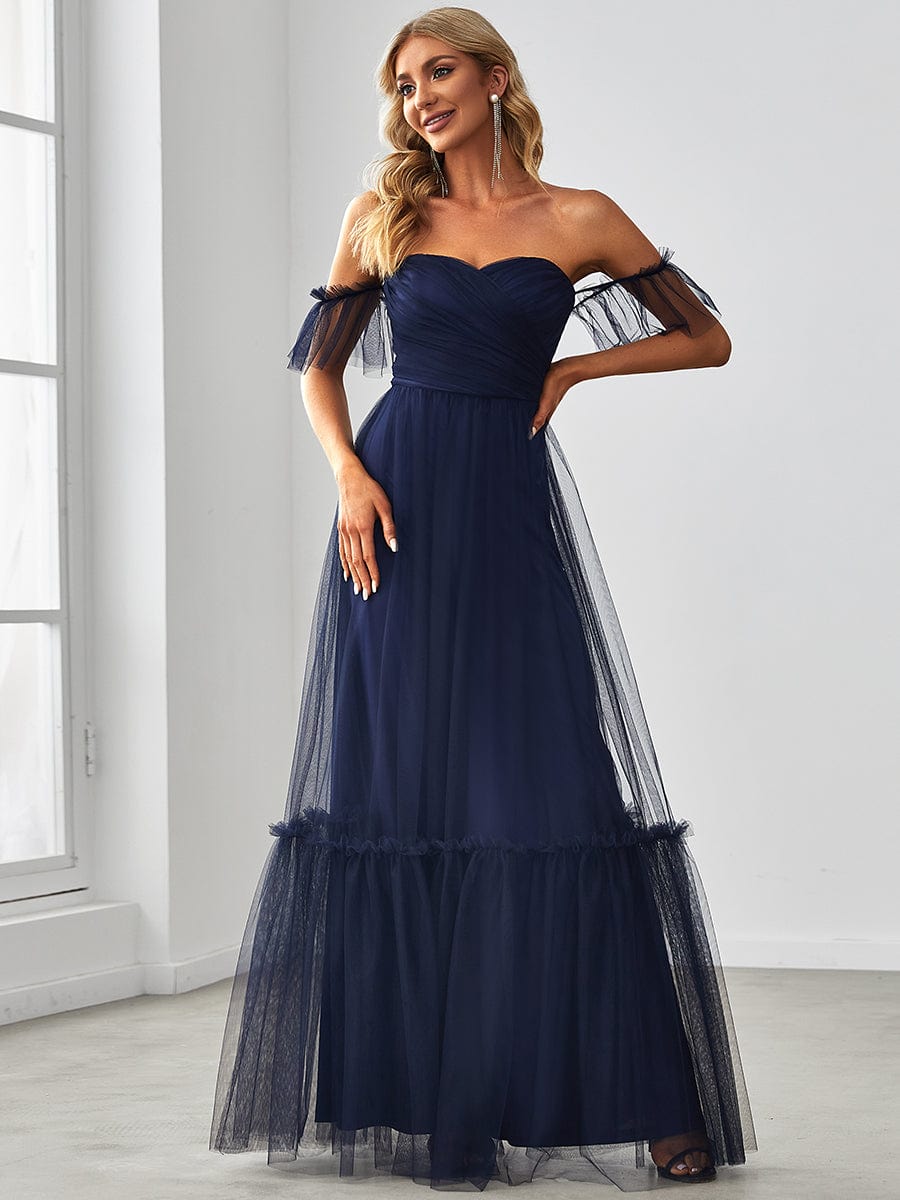 Off-Shoulder Sweetheart Double Layer Pleated Evening Dress