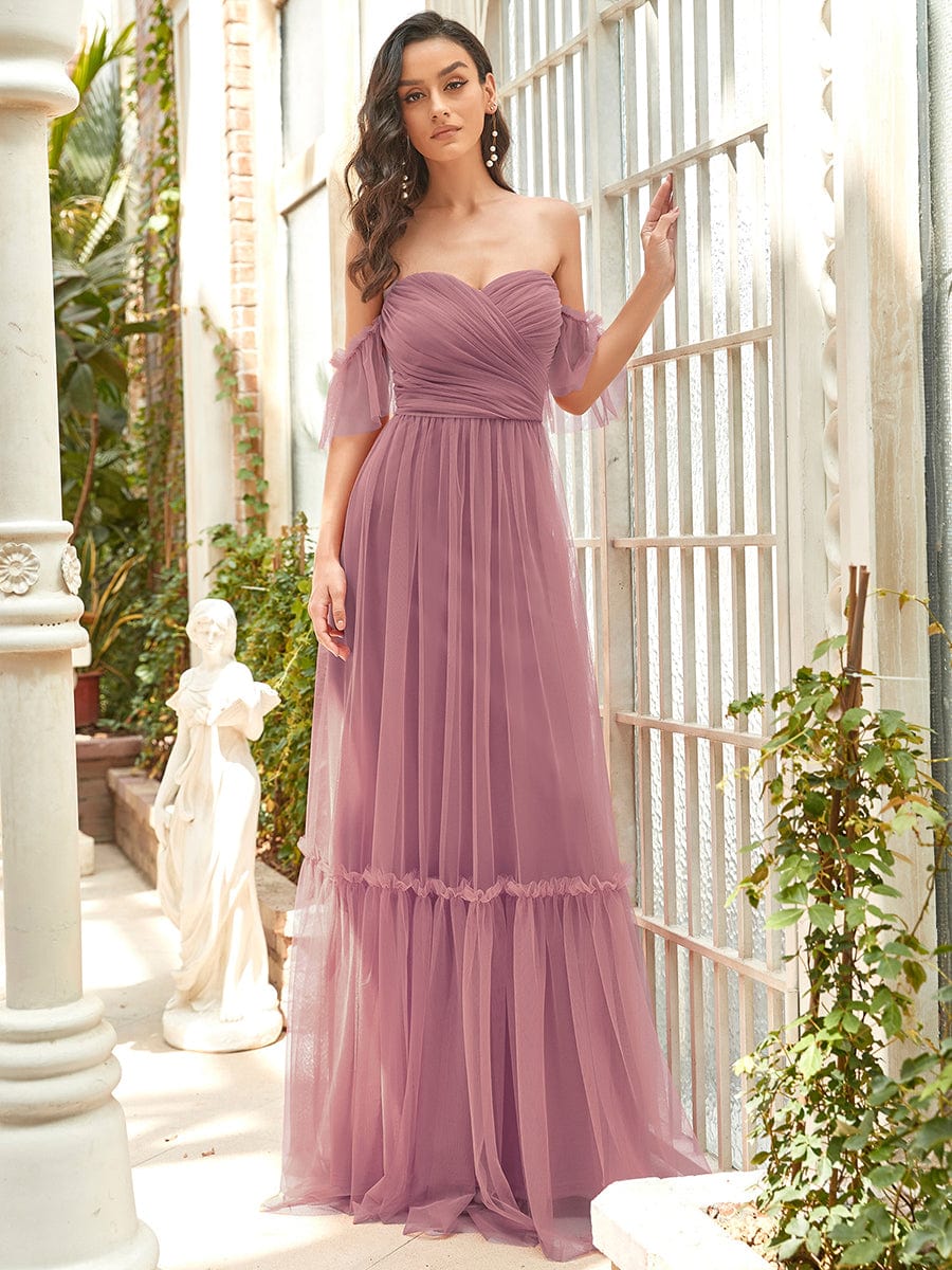 Off-Shoulder Sweetheart Double Layer Pleated Evening Dress