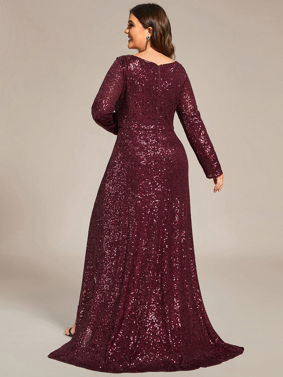 Sequin Long Sleeve V-neck Asymmetrical Hem Evening Dress