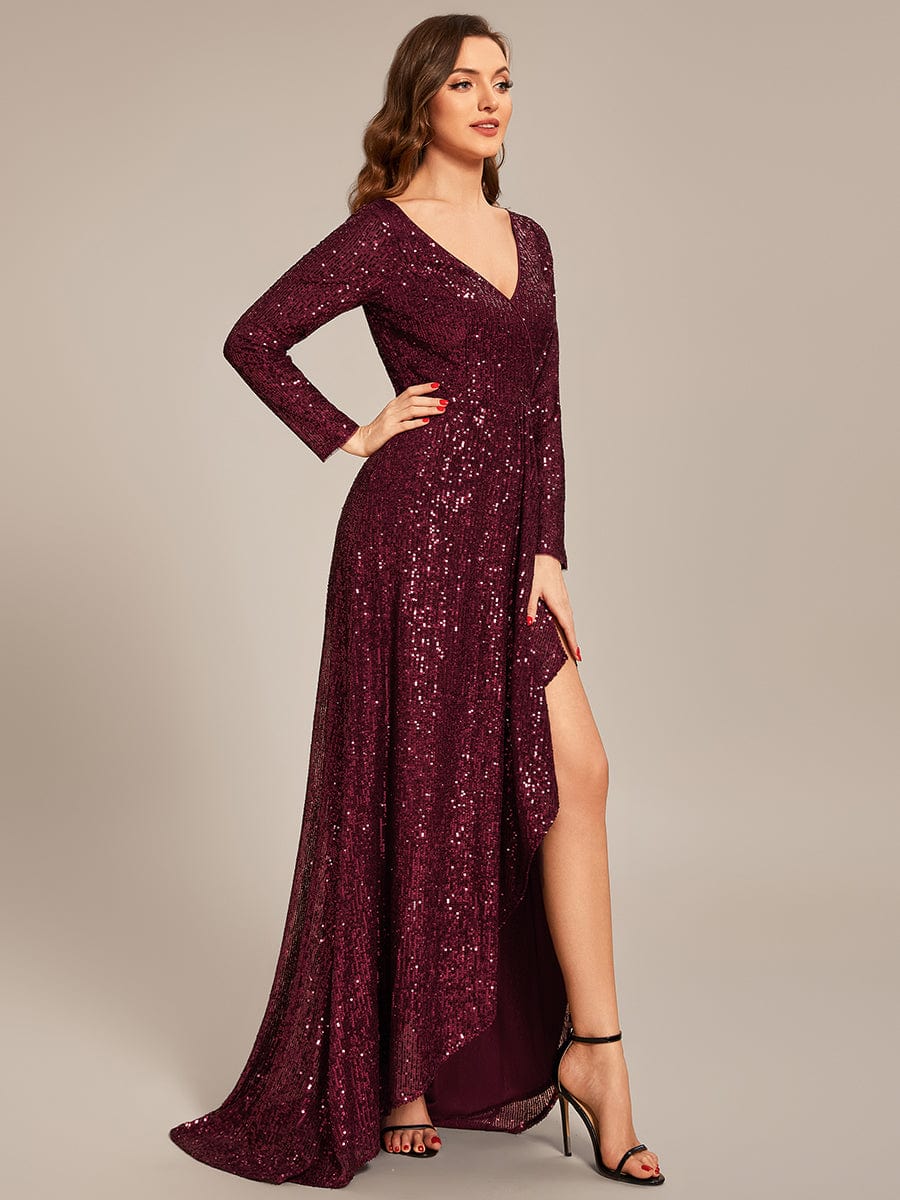 Sequin Long Sleeve V-neck Asymmetrical Hem Evening Dress