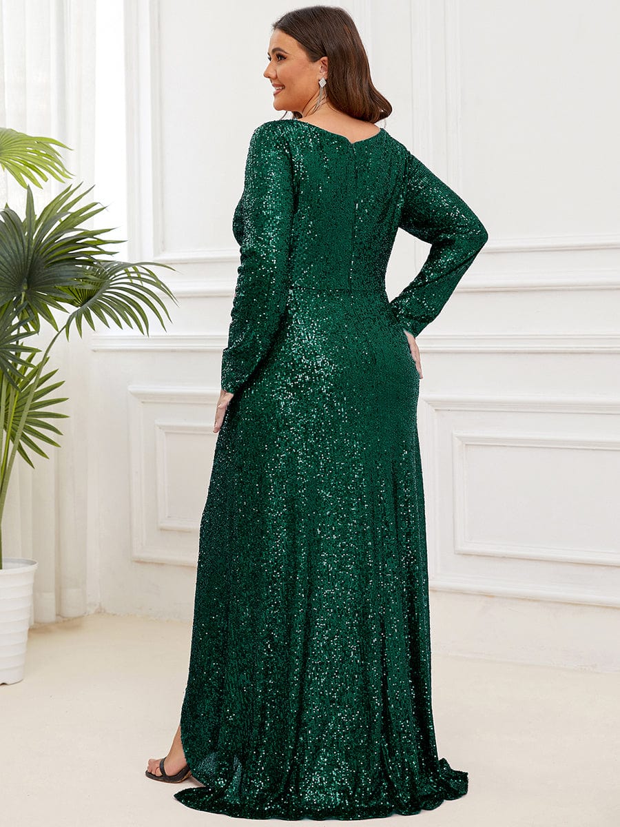 Sequin Long Sleeve V-neck Asymmetrical Hem Evening Dress