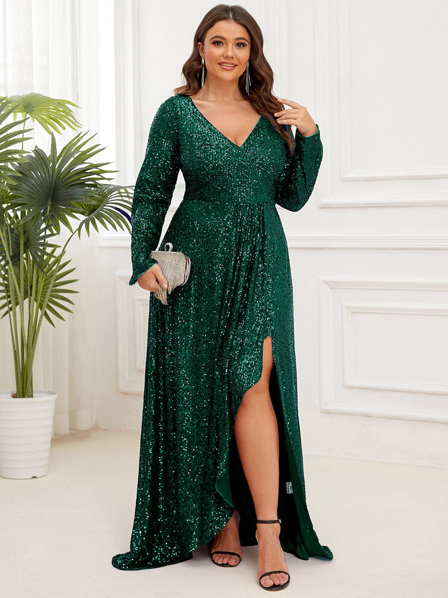 Sequin Long Sleeve V-neck Asymmetrical Hem Evening Dress