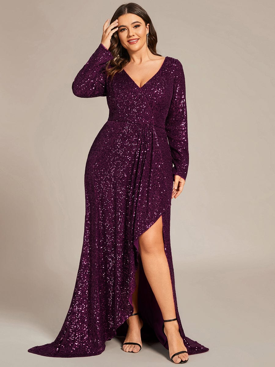 Plus Size Sequin V-Neck Long Sleeve High Slit Bodycon Evening Dress