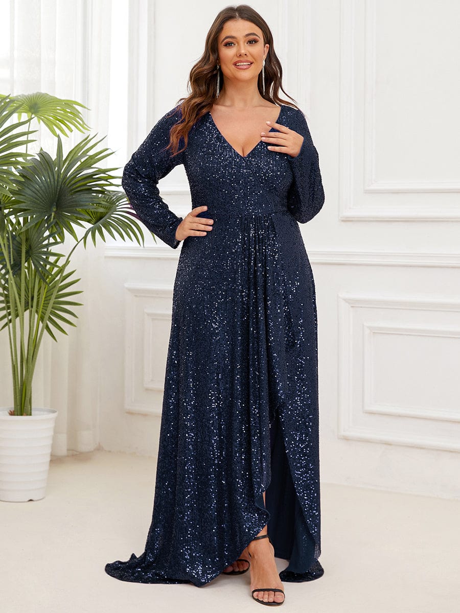 Plus Size Sequin V-Neck Long Sleeve High Slit Bodycon Evening Dress