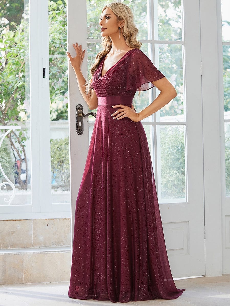 Sparkling Short Sleeve V-Neck Ribbon Waist A-Line Evening Dress