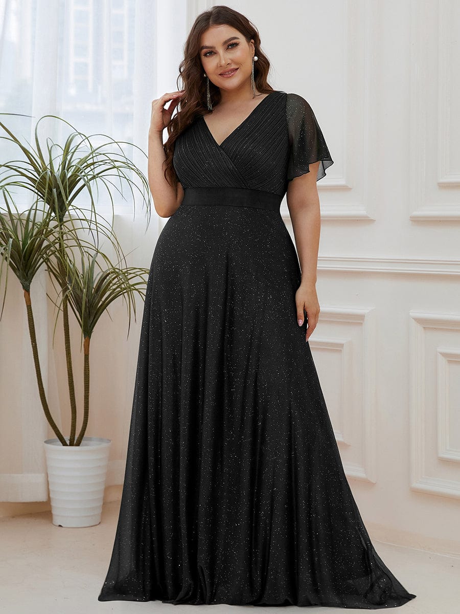 Sparkling Short Sleeve V-Neck Ribbon Waist A-Line Evening Dress