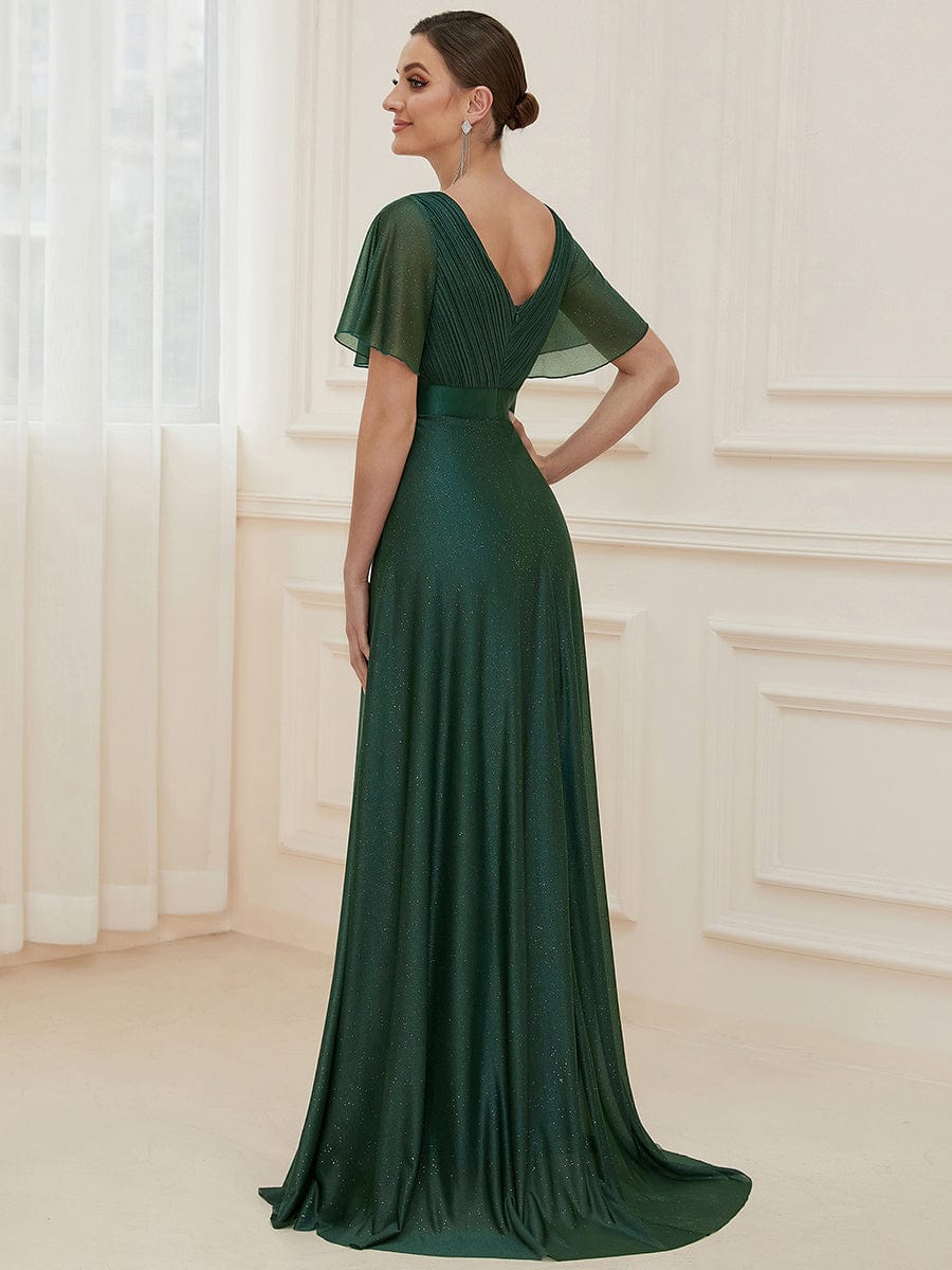 Sparkling Short Sleeve V-Neck Ribbon Waist A-Line Evening Dress