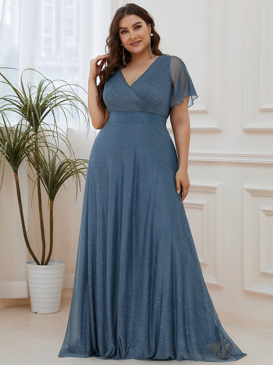 Plus Size V Neck Ribbon Waist Formal Evening Dress With Sleeves