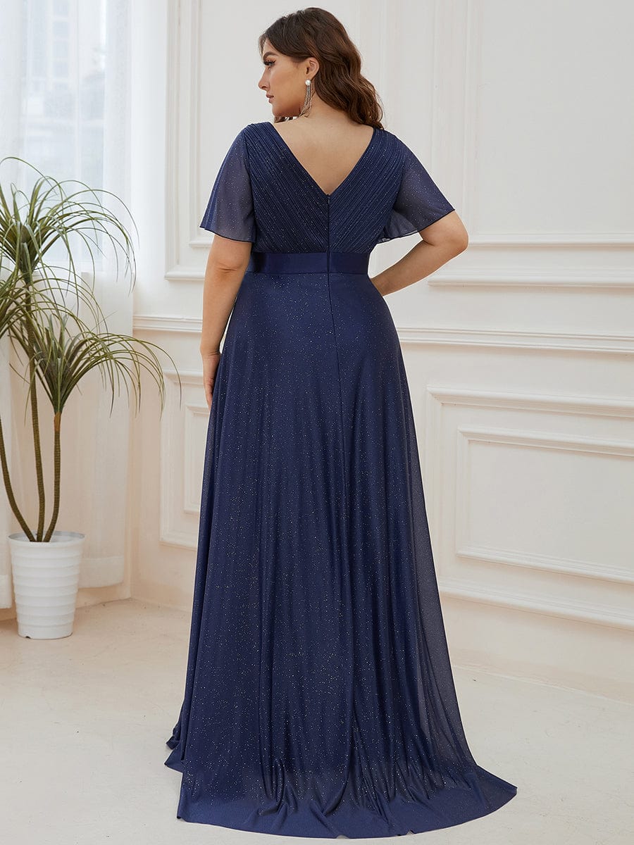 Plus Size V Neck Ribbon Waist Formal Evening Dress With Sleeves