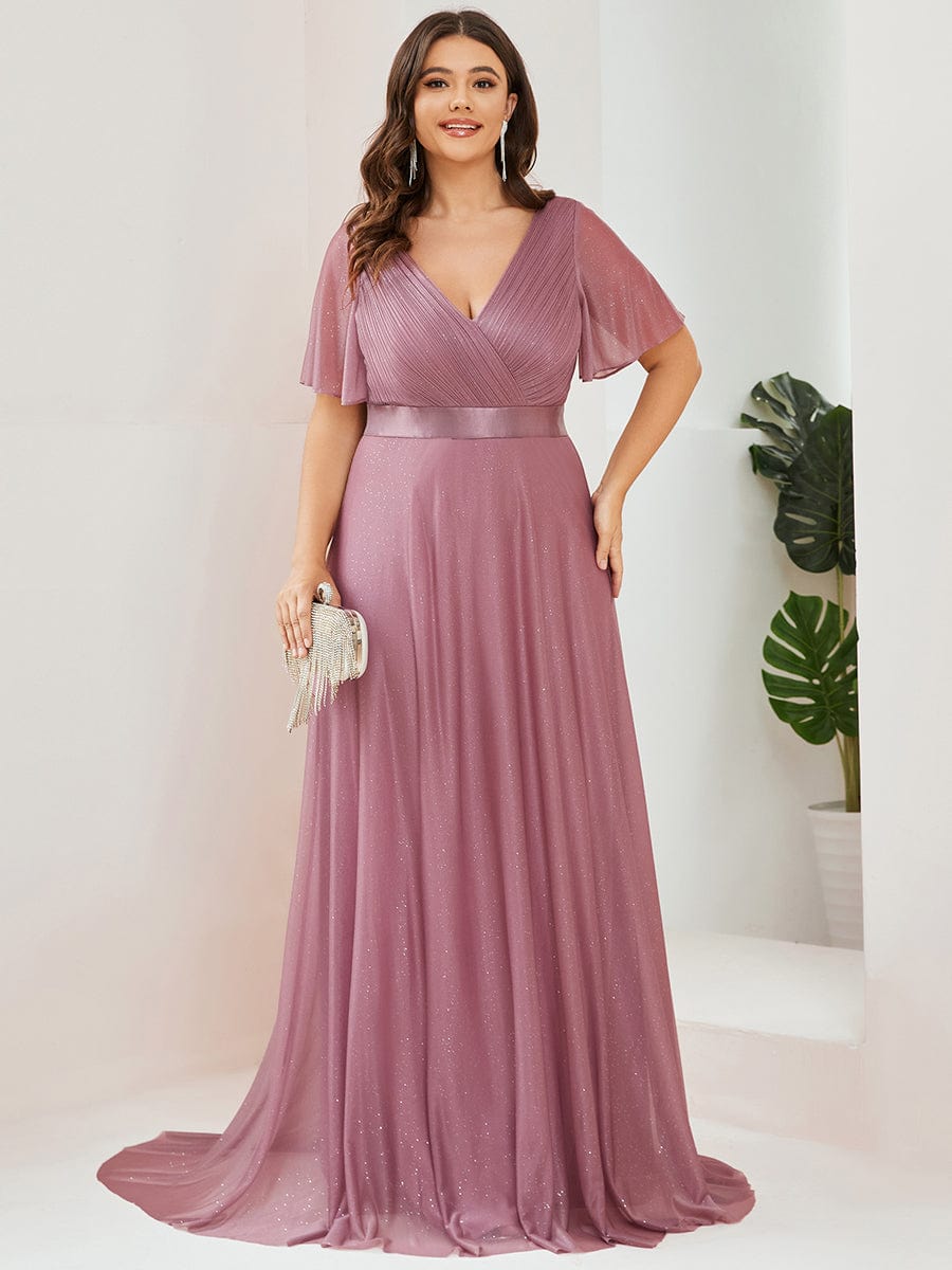 Plus Size V Neck Ribbon Waist Formal Evening Dress With Sleeves