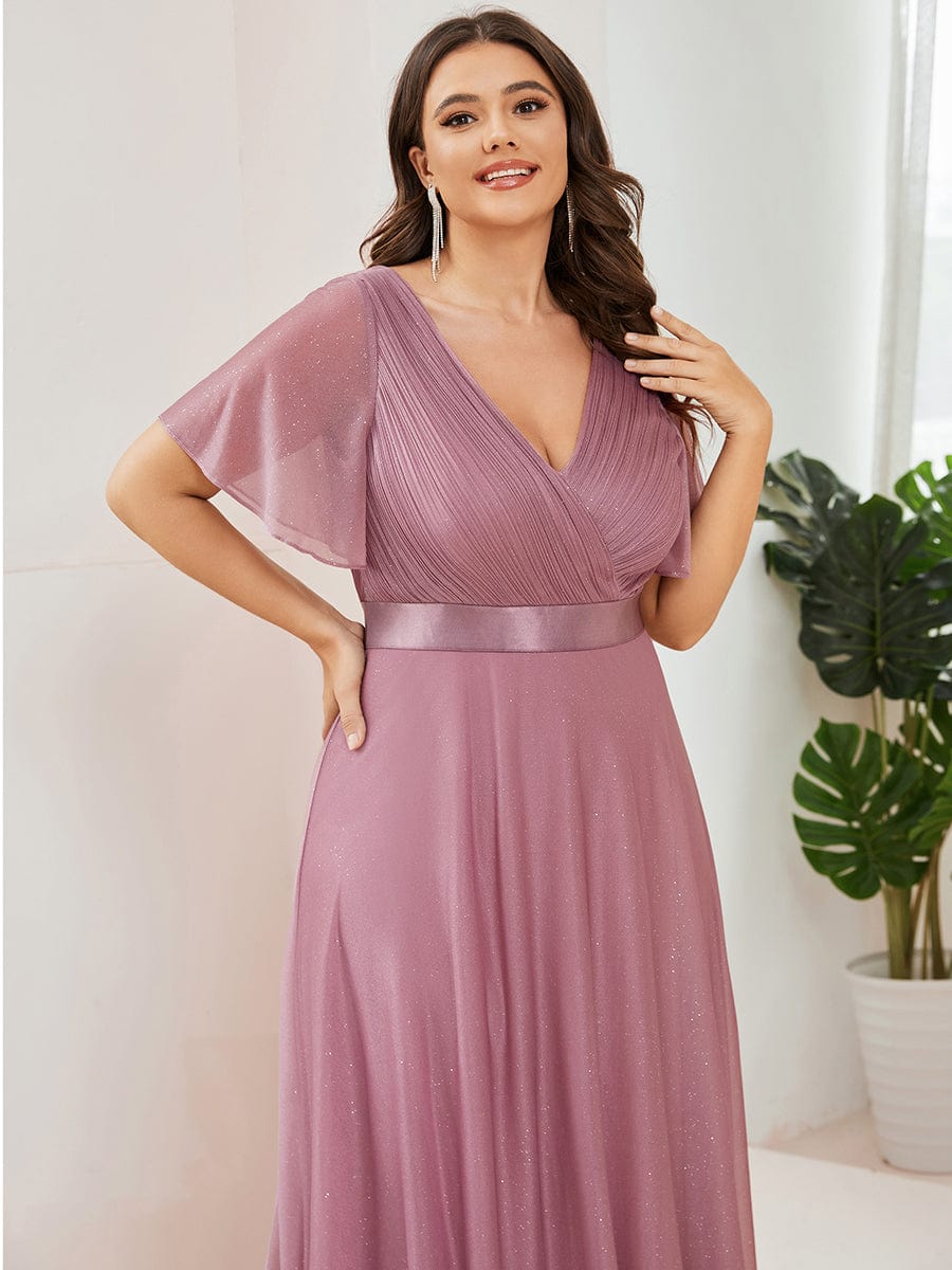 Plus Size V Neck Ribbon Waist Formal Evening Dress With Sleeves