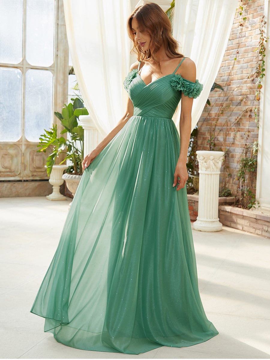 Sparkling Off-Shoulder Floral V-Neck Evening Dress