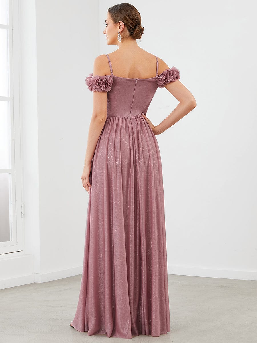 Sparkling Off-Shoulder Floral V-Neck Evening Dress