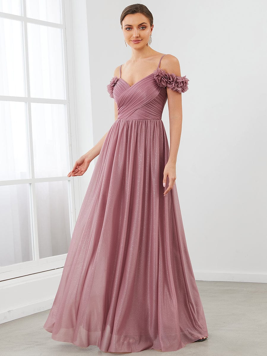 Sparkling Off-Shoulder Floral V-Neck Evening Dress