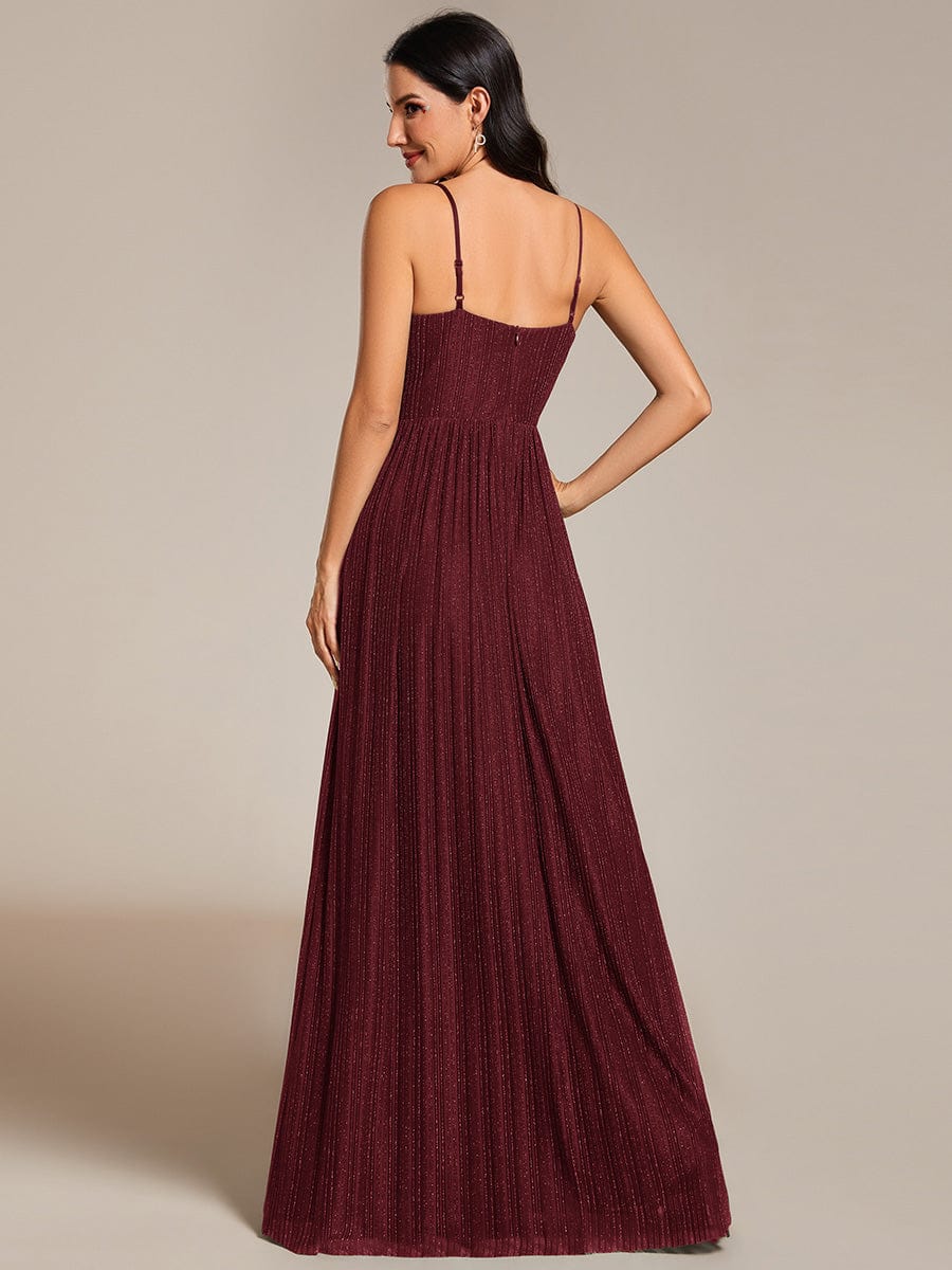 High-Waisted Glittering Spaghetti Straps Formal Evening Dress with Pleated