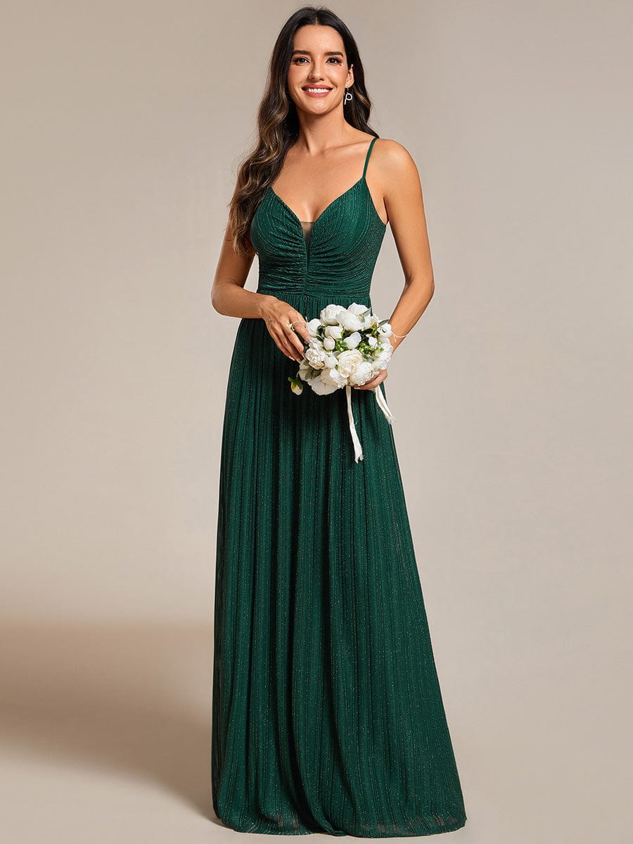 High-Waisted Glittering Spaghetti Straps Formal Evening Dress with Pleated