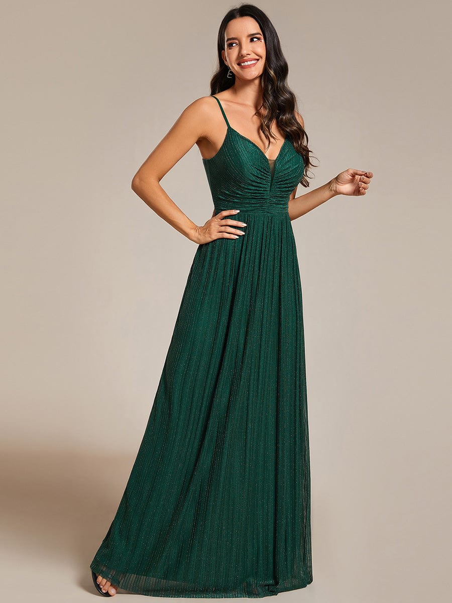 High-Waisted Glittering Spaghetti Straps Formal Evening Dress with Pleated