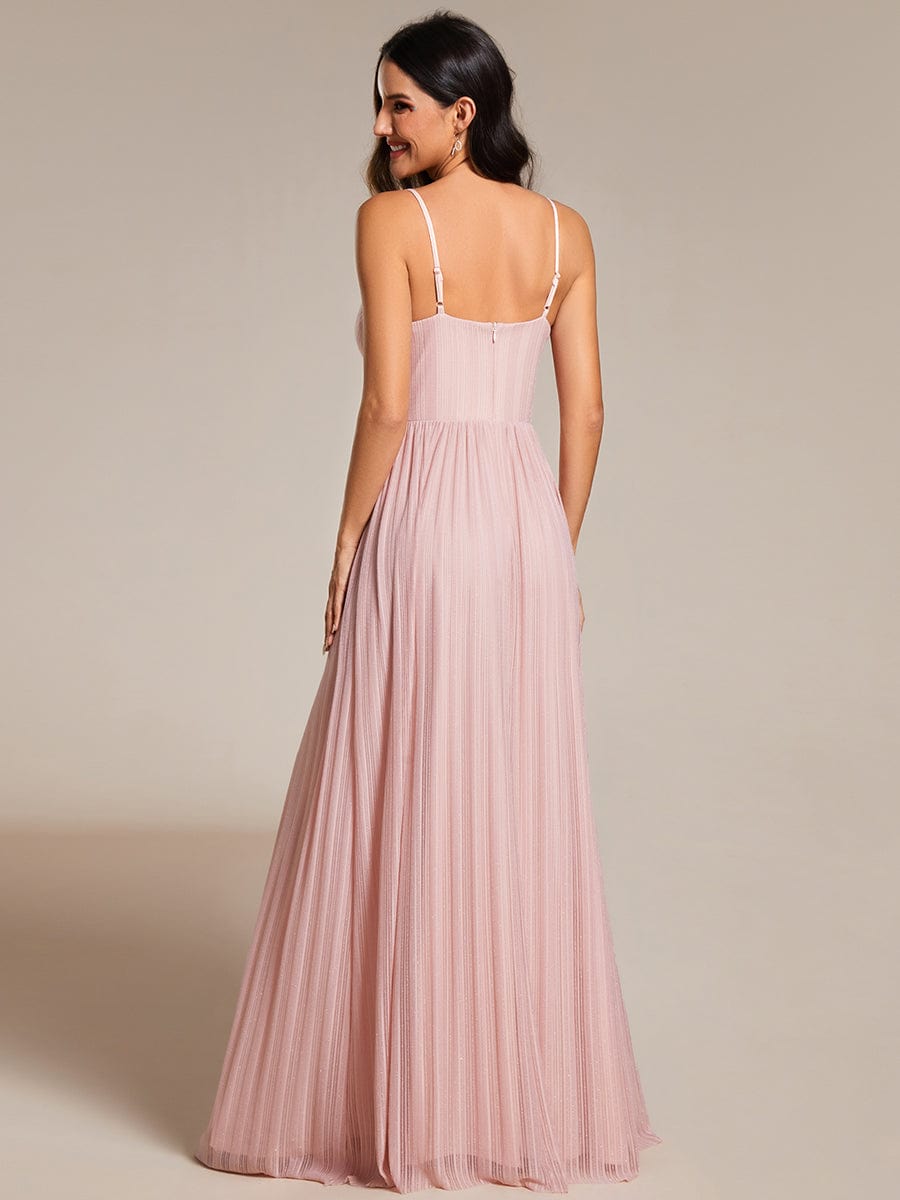 High-Waisted Glittering Spaghetti Straps Formal Evening Dress with Pleated