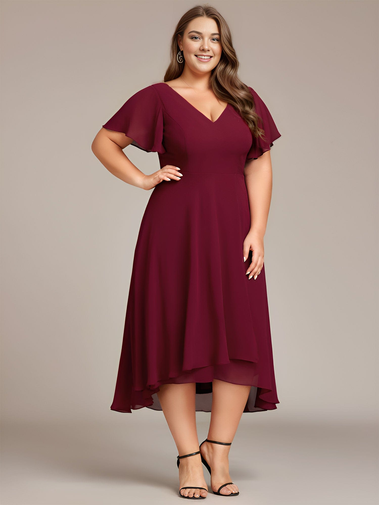 Flowing Chiffon V-Neck Ruffle Sleeves Bridesmaid Dress