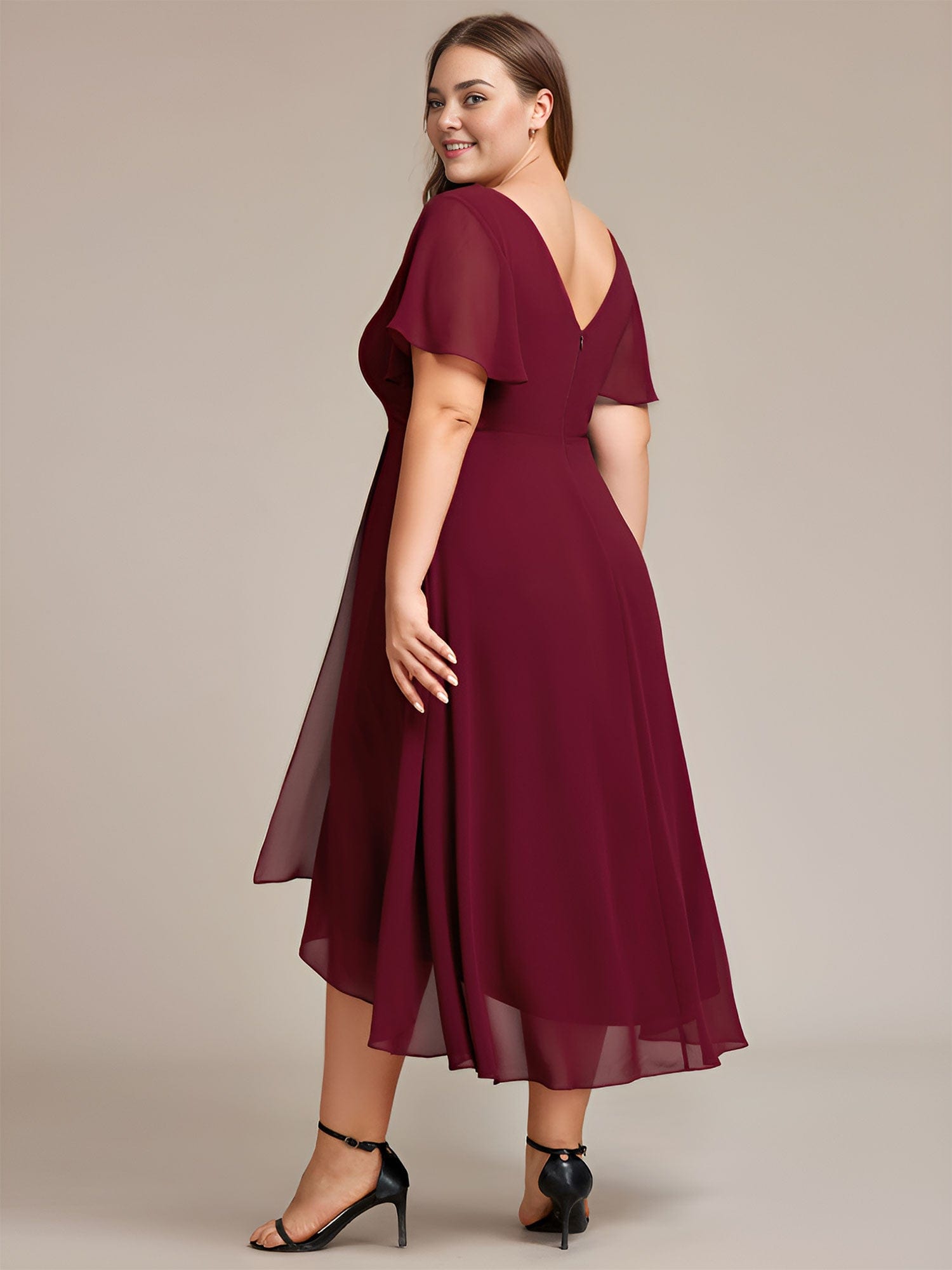 Plus Size Flowing Chiffon V-Neck Ruffle Sleeves Bridesmaid Dress