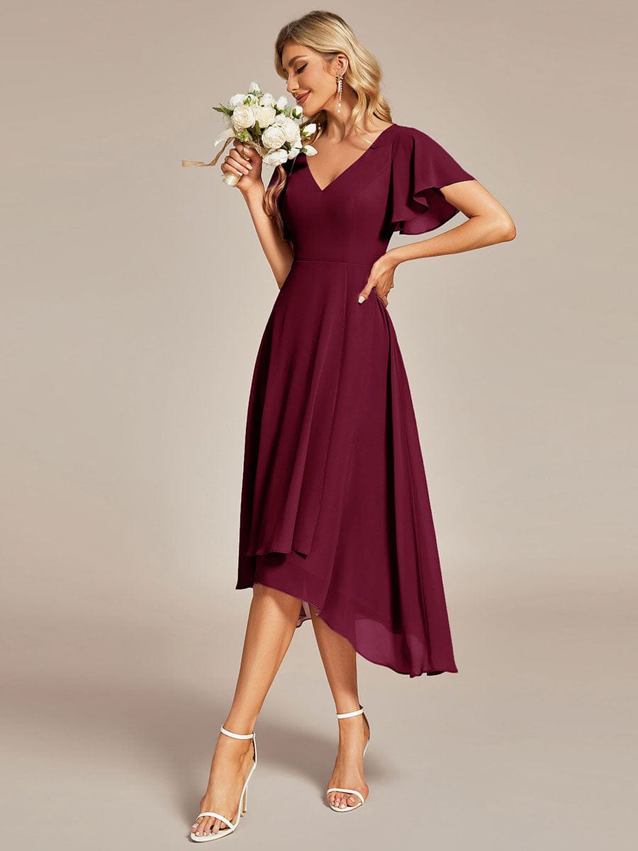 Flowing Chiffon V-Neck Ruffle Sleeves Bridesmaid Dress