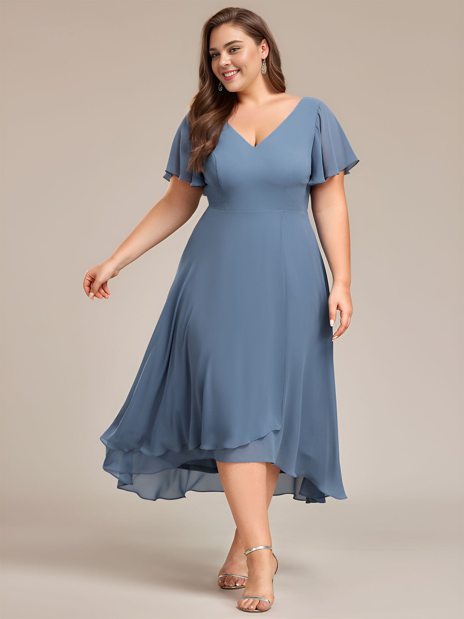 Plus Size Flowing Chiffon V-Neck Ruffle Sleeves Bridesmaid Dress