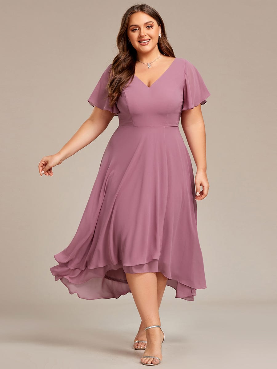 Plus Size Flowing Chiffon V-Neck Ruffle Sleeves Bridesmaid Dress