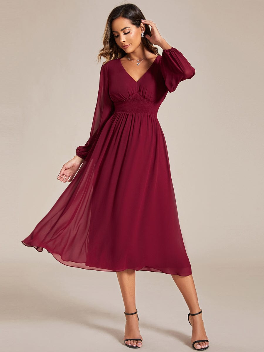 Plus Size Flowy Long Sleeves V-Neck Midi Chiffon Wedding Guest Dress