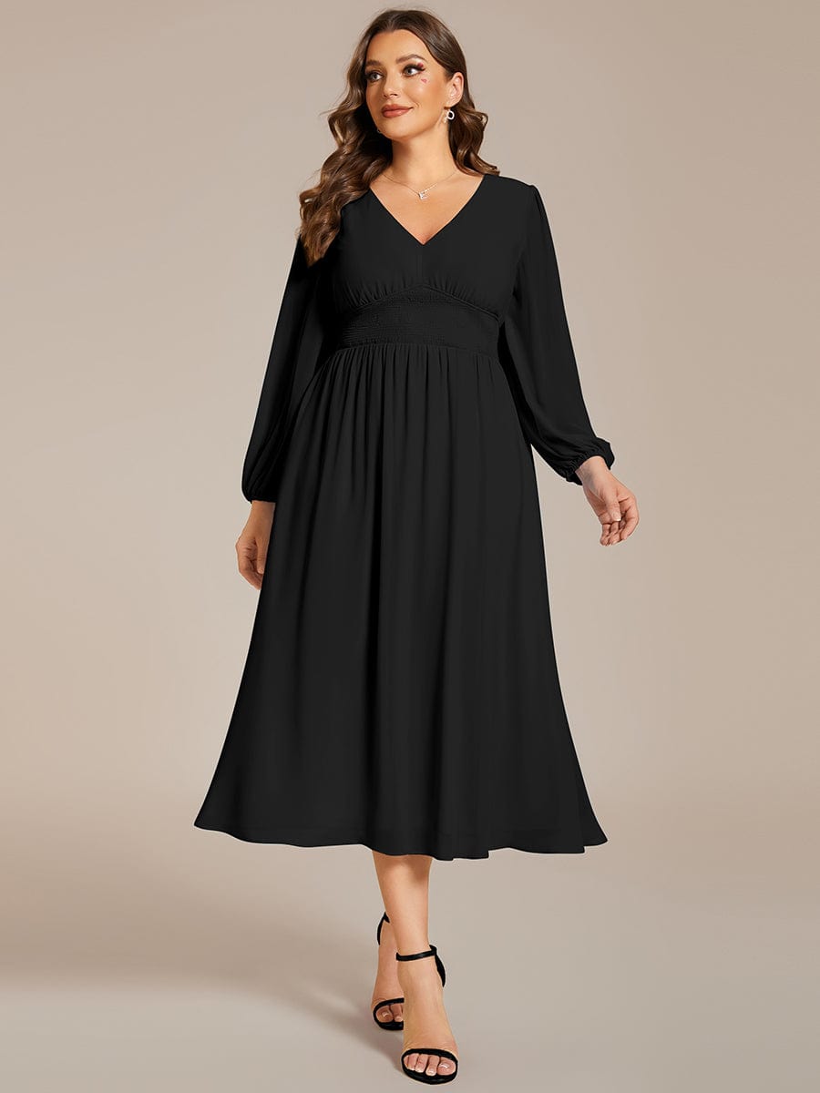 Plus Size Flowy Long Sleeves V-Neck Midi Chiffon Wedding Guest Dress