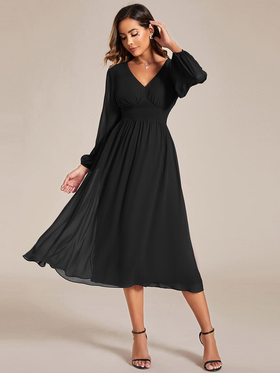 Chiffon V-Neck Long Sleeves Elastic Band Midi Wedding Guest Dress