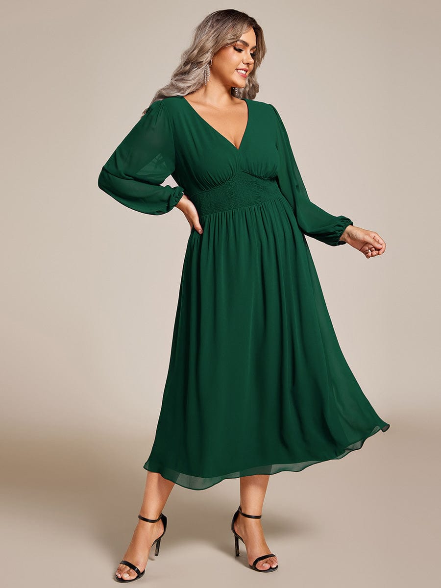 Plus Size Flowy Long Sleeves V-Neck Midi Chiffon Wedding Guest Dress