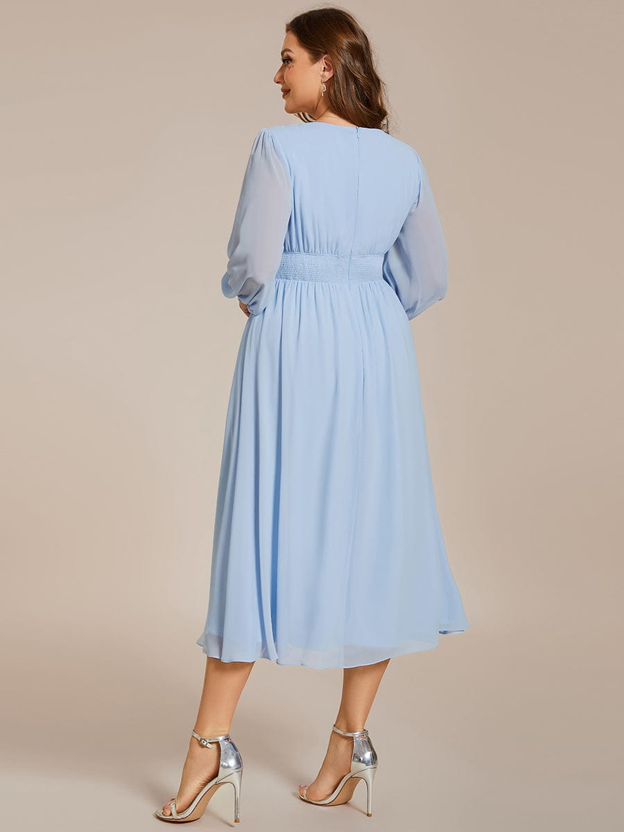 Chiffon V-Neck Long Sleeves Elastic Band Midi Wedding Guest Dress