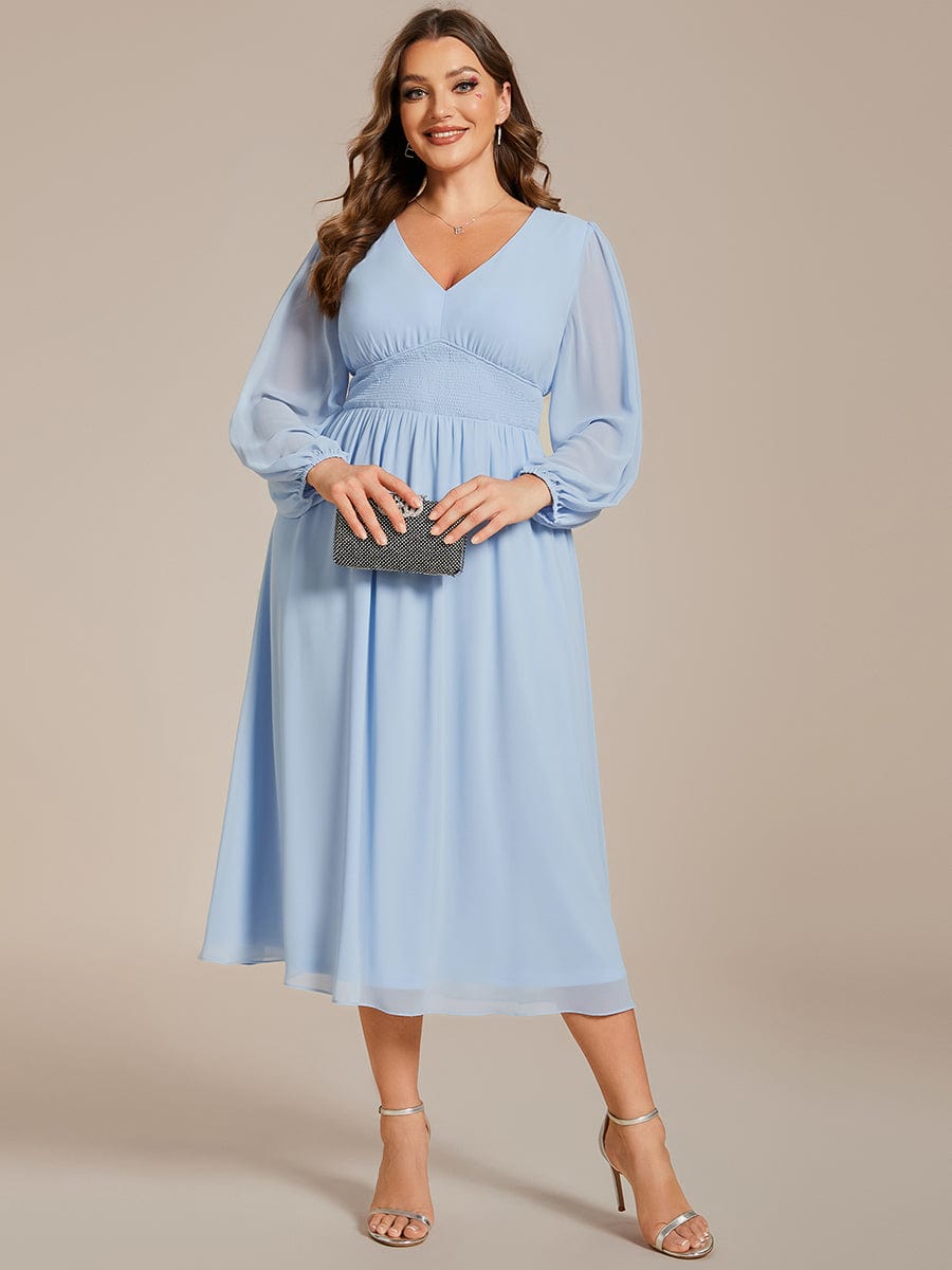 Plus Size Flowy Long Sleeves V-Neck Midi Chiffon Wedding Guest Dress