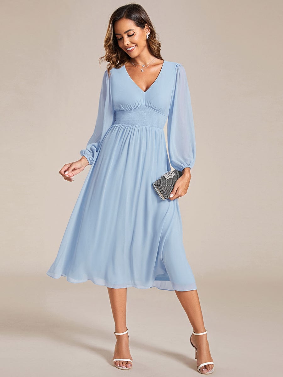 Chiffon V-Neck Long Sleeves Elastic Band Midi Wedding Guest Dress