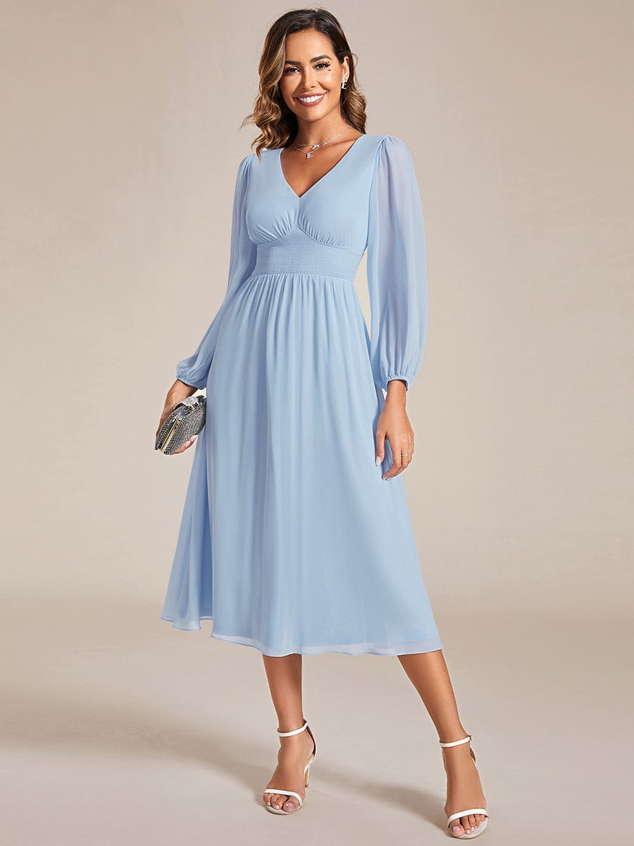 Chiffon V-Neck Long Sleeves Elastic Band Midi Wedding Guest Dress