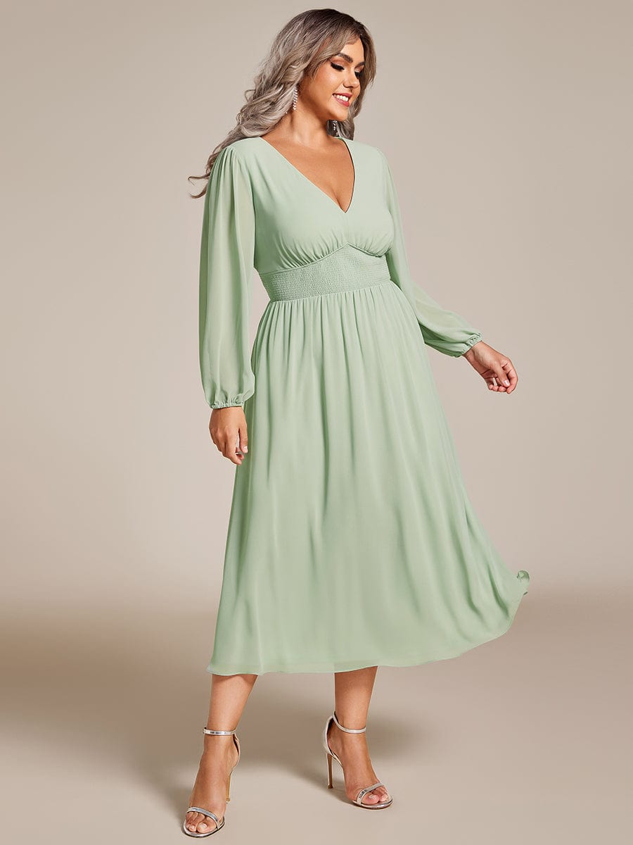 Plus Size Flowy Long Sleeves V-Neck Midi Chiffon Wedding Guest Dress