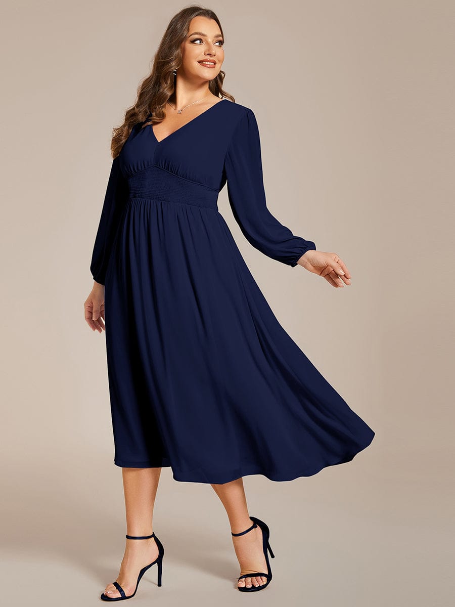 Chiffon V-Neck Long Sleeves Elastic Band Midi Wedding Guest Dress