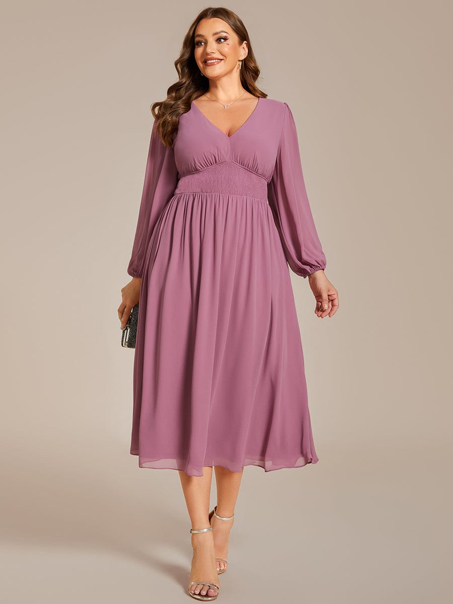 Plus Size Flowy Long Sleeves V-Neck Midi Chiffon Wedding Guest Dress