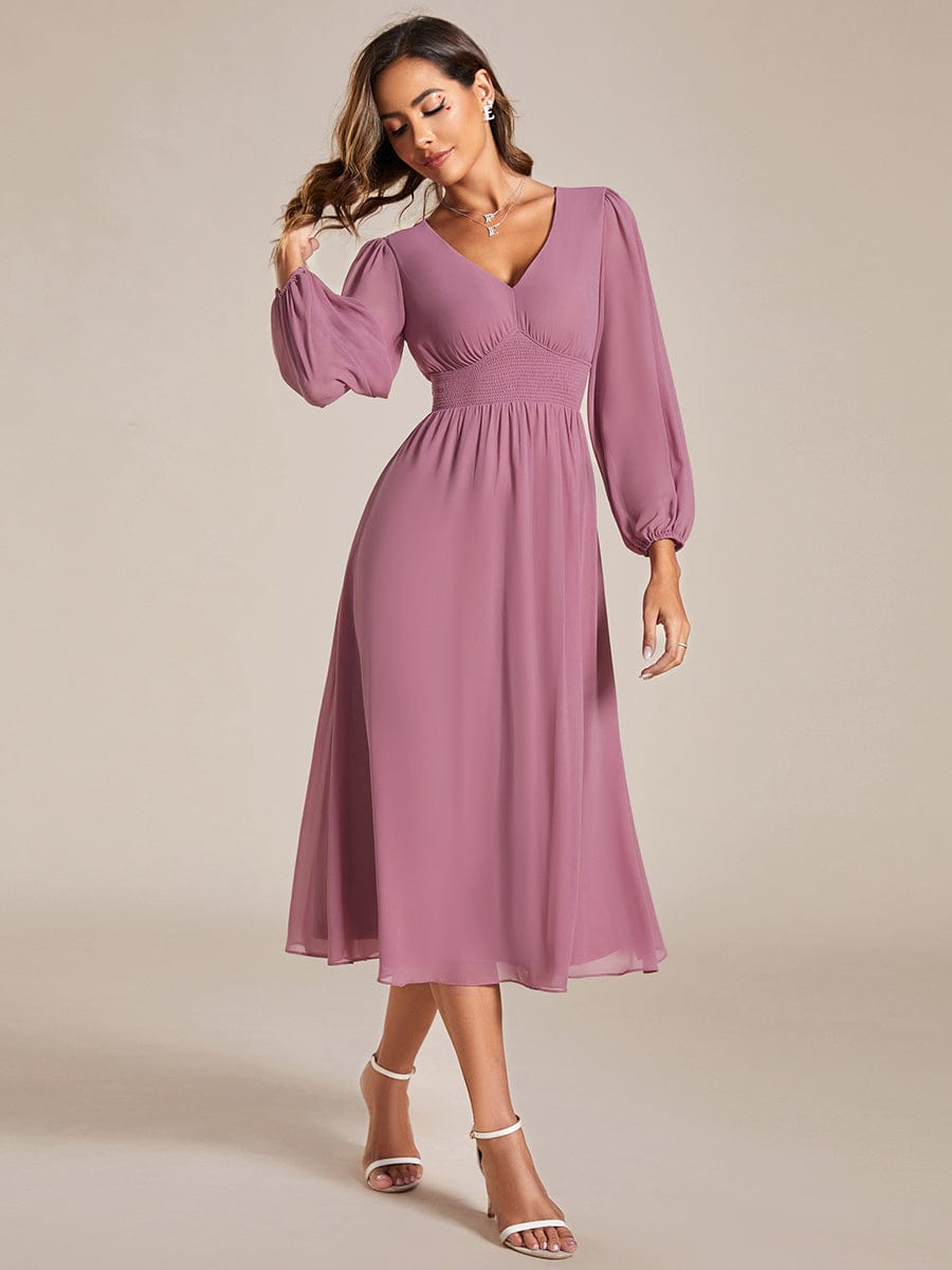 Chiffon V-Neck Long Sleeves Elastic Band Midi Wedding Guest Dress