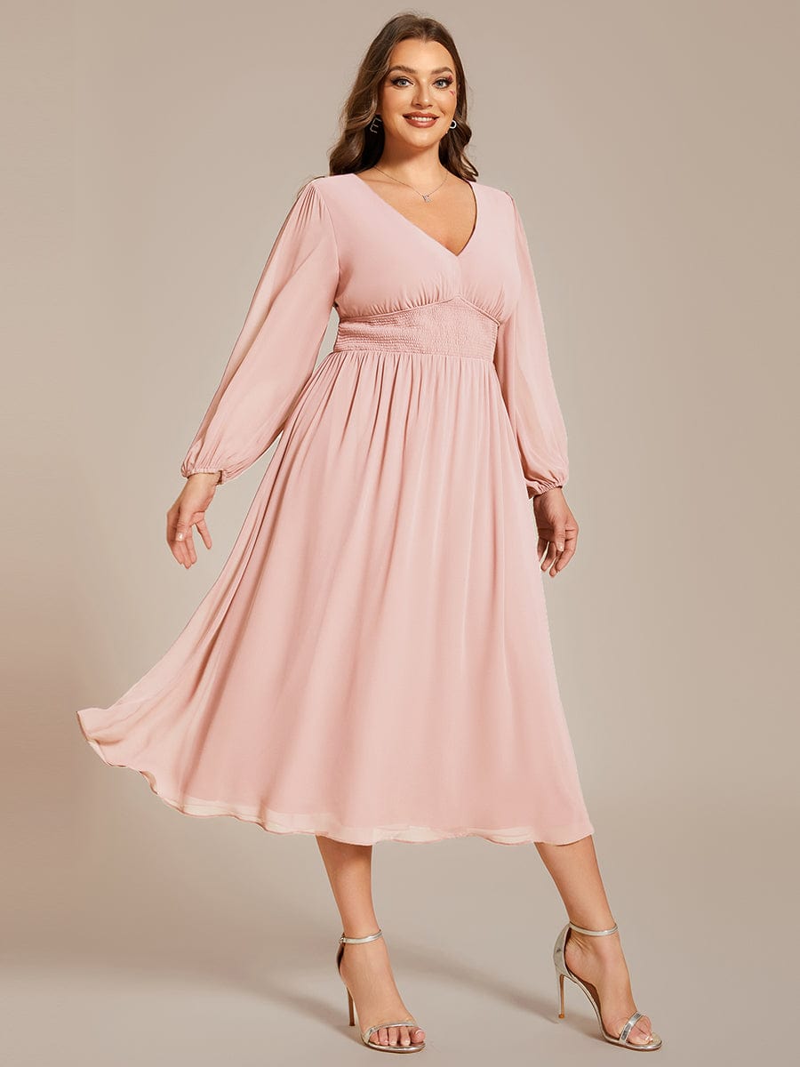 Plus Size Flowy Long Sleeves V-Neck Midi Chiffon Wedding Guest Dress